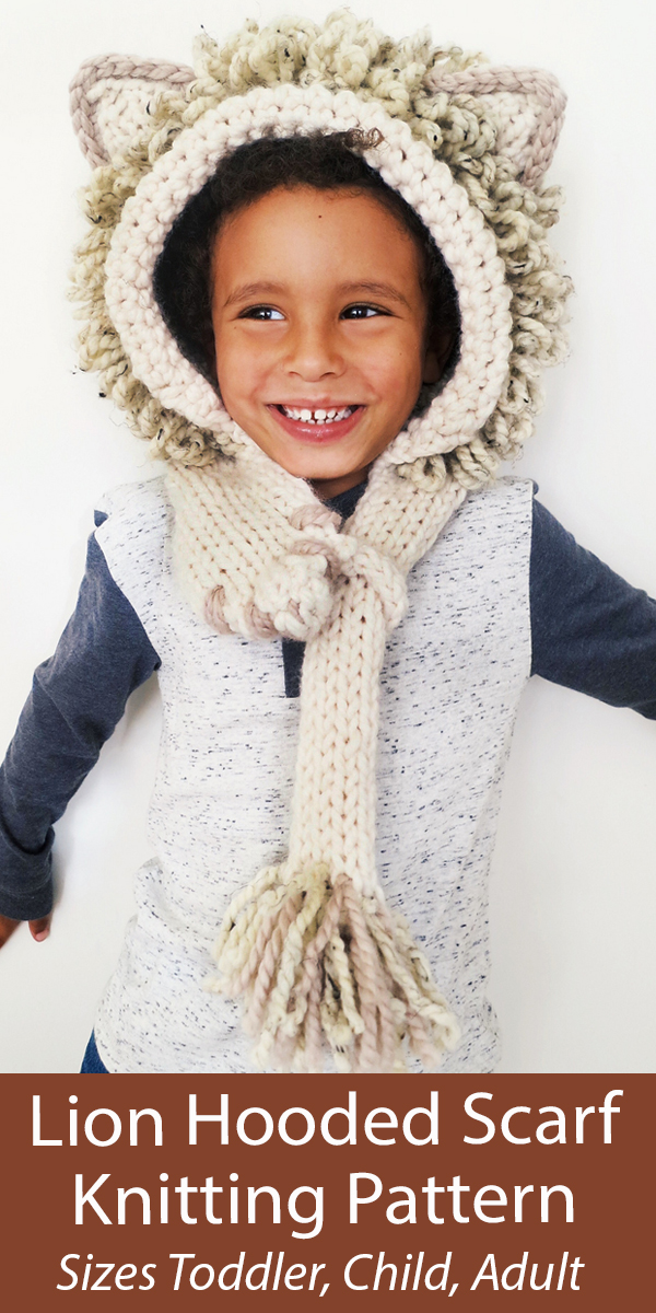 Lion Hood Knitting Patterns Hooded Scarf for Toddlers, Children, Adults