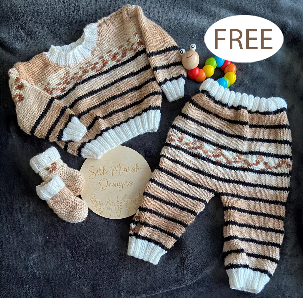 Free Baby Sweater and Pants Knitting Pattern Logan Jumper, Trousers, and Booties Set