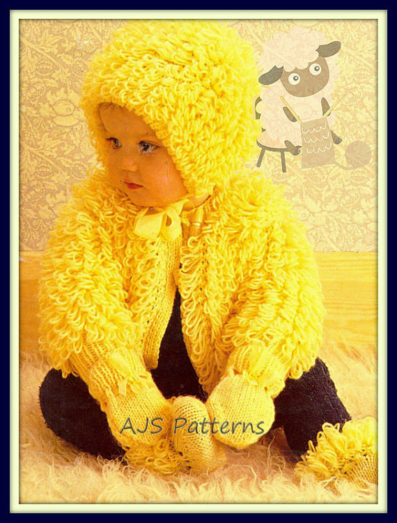 PDF Knitting Pattern for Loopy/Loop Stitch Jacket Bonnet Mitts & Bootees | Baby and Toddler Sweater Knitting Patterns, many free patterns including cardigans, pullovers, jackets and more http://intheloopknitting.com/free-baby-and-child-sweater-knitting-patterns/