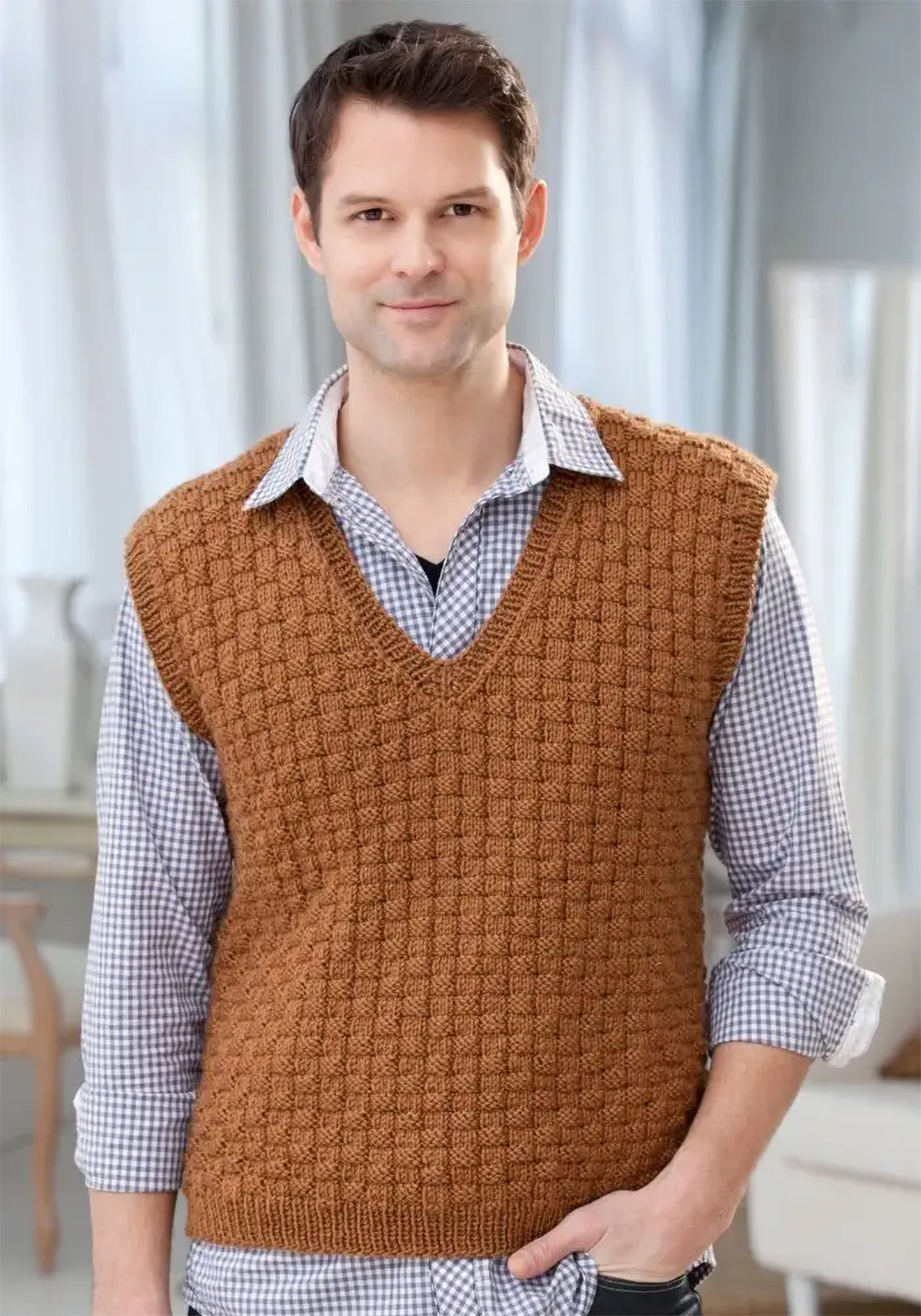Free Knitting Pattern for Men's Basketweave Vest