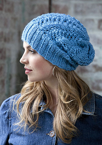 Free knitting pattern for Mimosa Beanie slouchy hat featuring wide ribbed brim and lace body