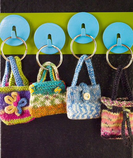 Free knitting pattern for Mini Key ring Purse Fobs and more last minute gift patterns
