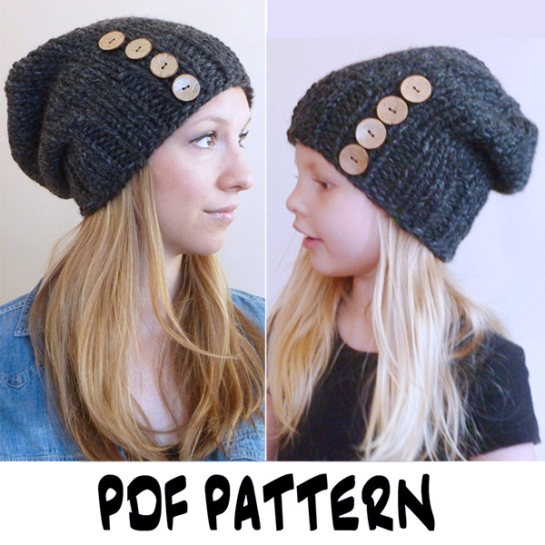 Knitting Pattern for Mommy and Me Button Slouch Beanies (Toddler, Child, Teen, Adult Size)