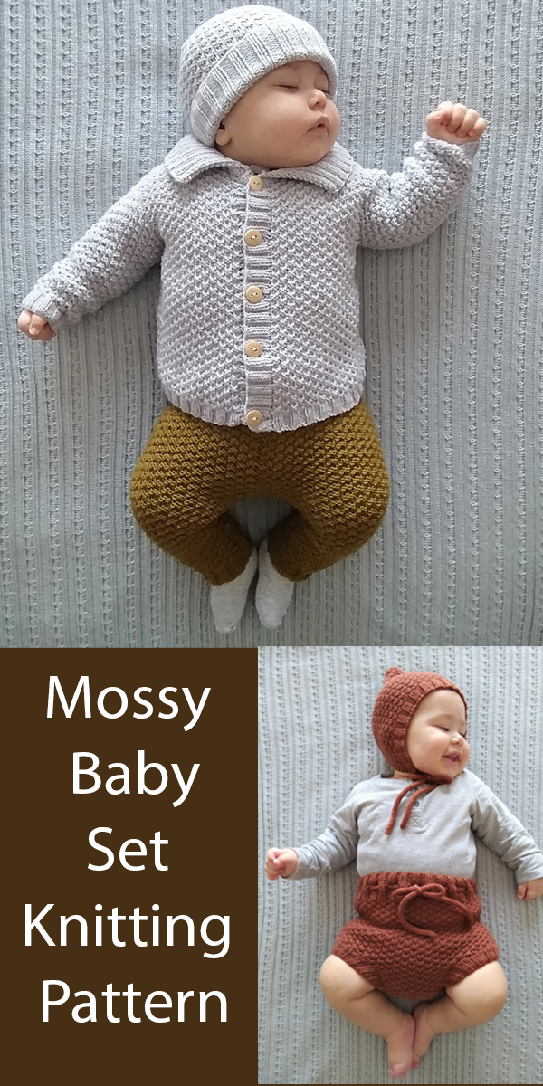 Mossy Baby Cardigan, Pants, Bloomers, Hat and Pixie Hat Knitting Pattern