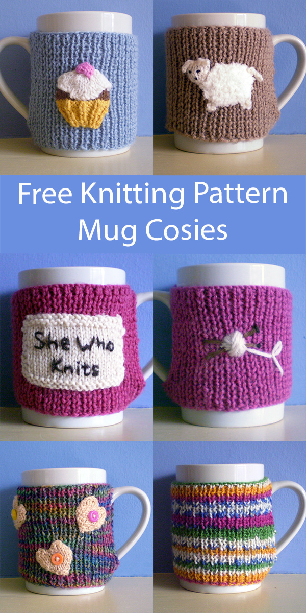 Free Mug Cosies Knitting Patterns Sheep, Cupcake, Hearts, Stripes Cozies