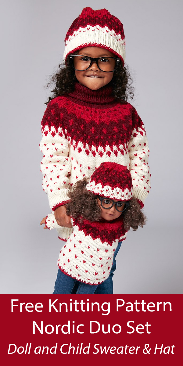 Matching Doll and Child Free Knitting Pattern Nordic Duo Sweater and Hat
