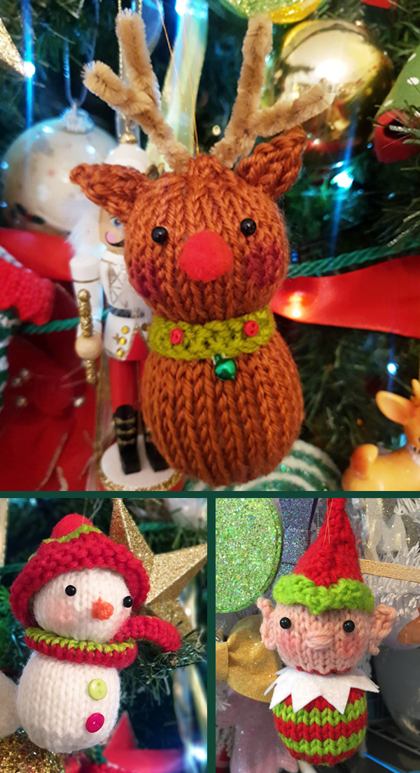 Free Knitting Pattern for Christmas Tree Ornaments Red-Nosed Reindeer, Elf, and Snowman