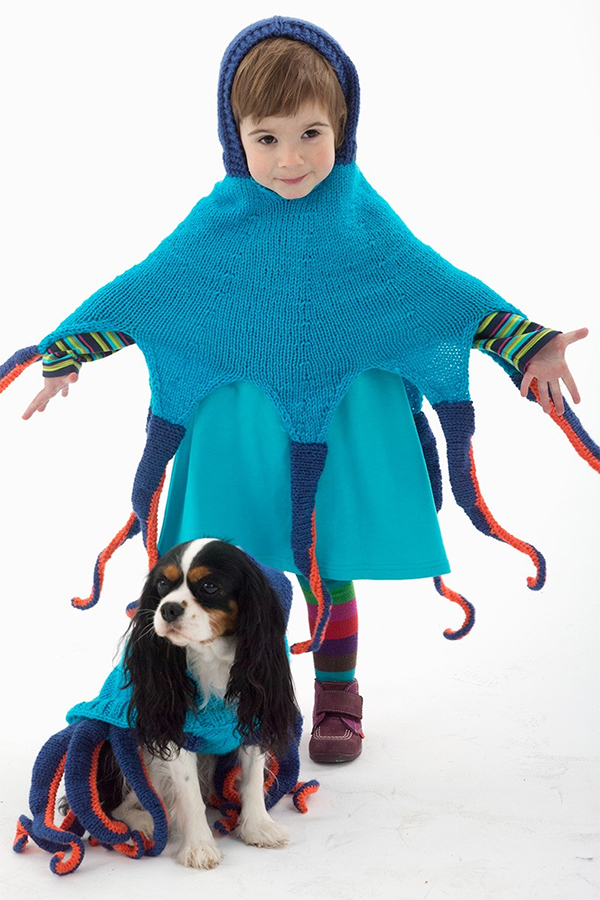 Free knitting pattern for Octopus Poncho and Octopus Dog Sweater