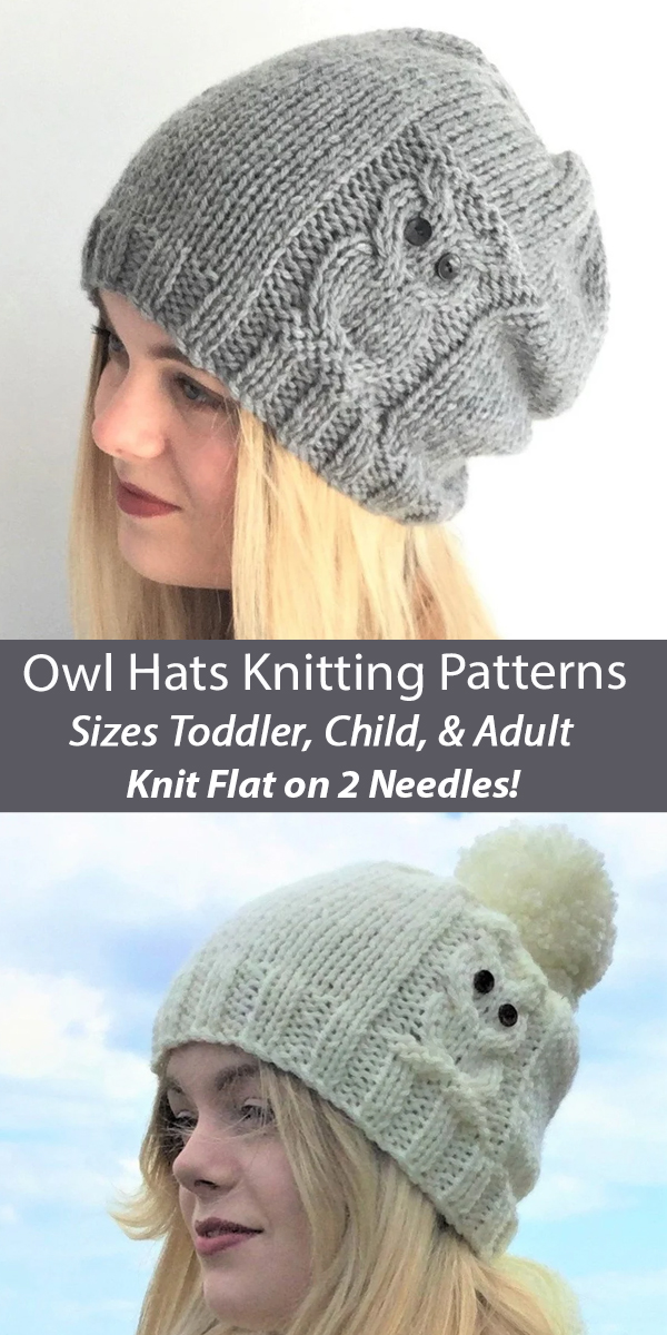 Hat Knitting Patterns Owl Slouchy Hat and Owl Pompom Hat Knit Flat