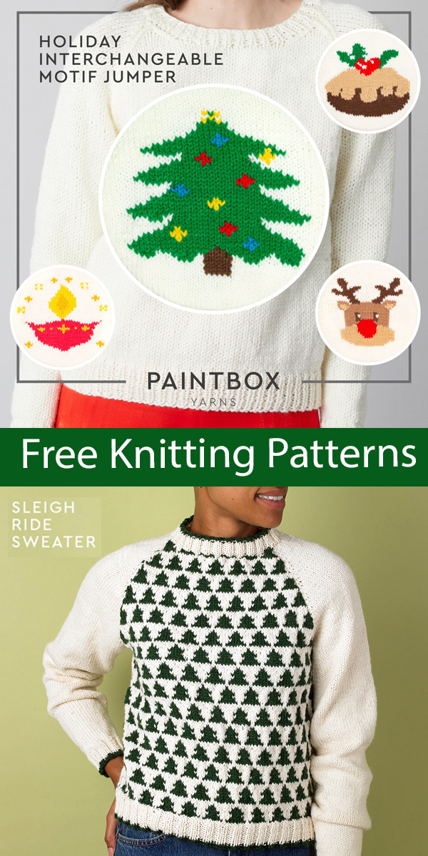Christmas Sweaters Free Knitting Patterns Tree, Rudolph, Pudding, Diya