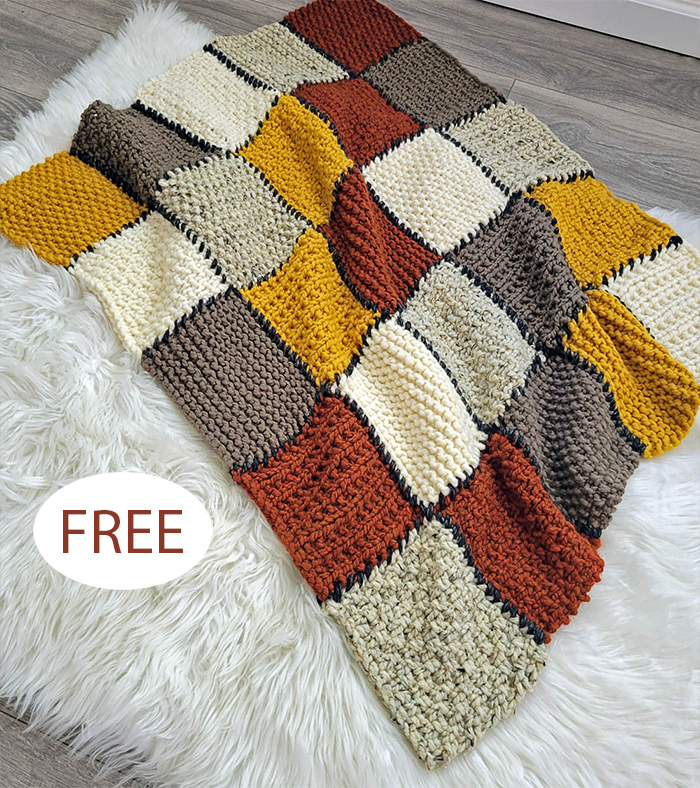 Chunky Patchwork Sampler Block Blanket Free Knitting Pattern