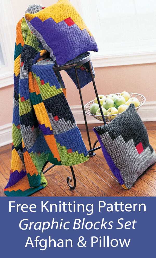 Free Blanket Set Knitting Pattern Stashbuster Graphic Blocks Pillow and Afghan