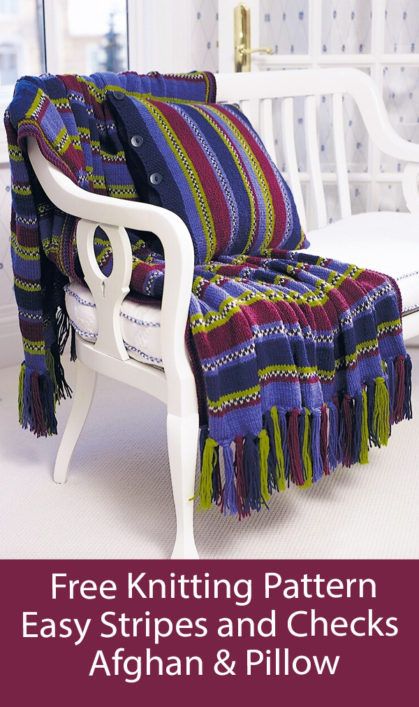 Free Blanket Set Knitting Pattern Easy Stripes and Checks Afghan and Pillow