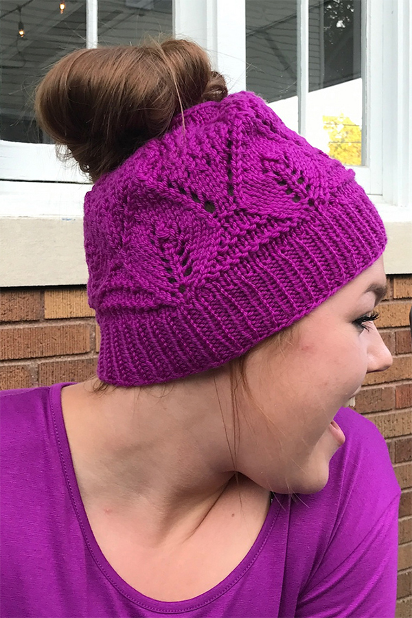 Free Knitting Pattern for Leaf Lace Messy Bun Hat
