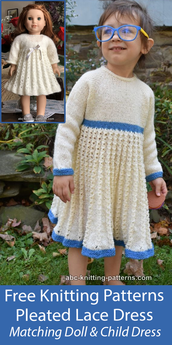 Free Pleated Lace Dress Knitting Pattern Child Dress with Matching Doll Dress