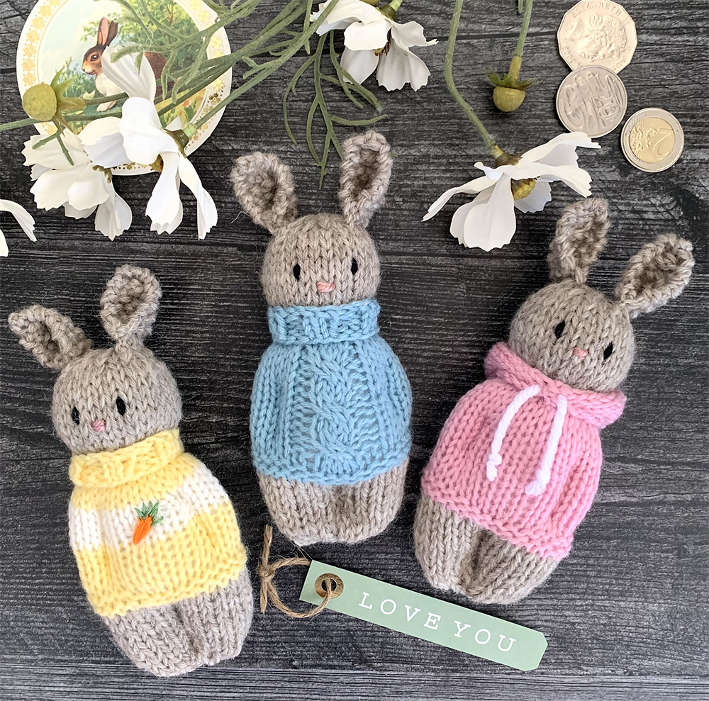 Bunny Pocket Buddies Knitting pattern for easy Pocket Dolls