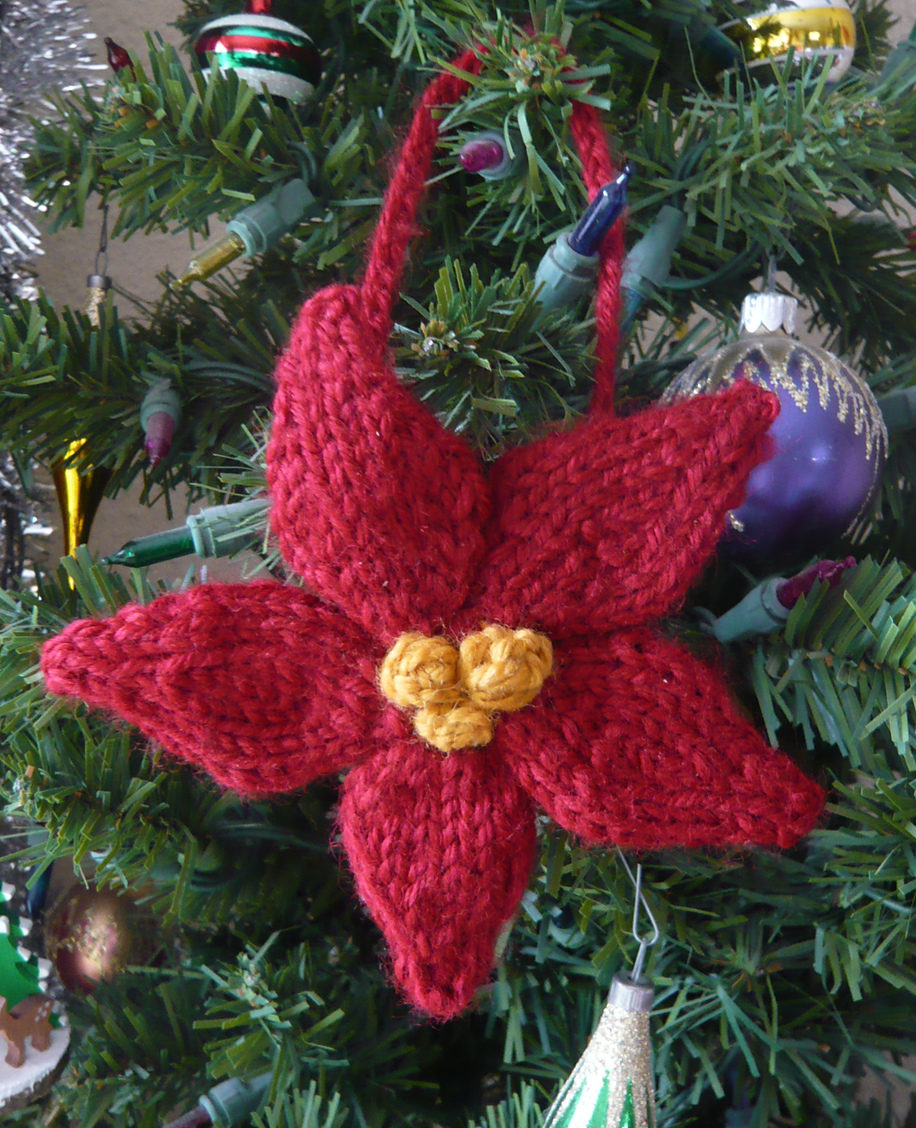 Free Knitting Pattern for Poinsettia Ornament