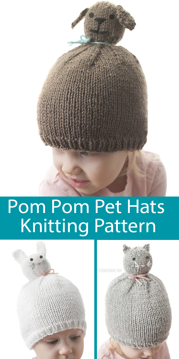 Knitting Pattern for Pom Pom Pet Hats with Dog, Cat, or Bunny