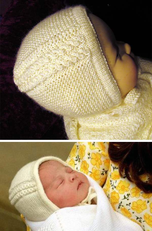 Princess Bonnet Free Knitting Pattern | Royal Family Knitting Patterns | This baby bonnet was designed by Rian Anderson after the bonnet the new baby Princess Charlotte wore in her public debut