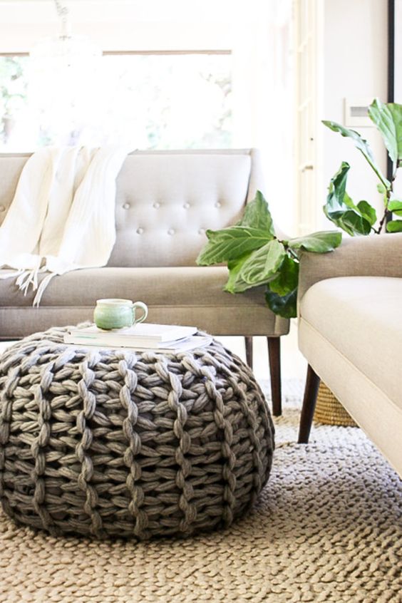 Free knitting pattern for Pouf / Footstool / Ottoman you can finish in a couple of hours