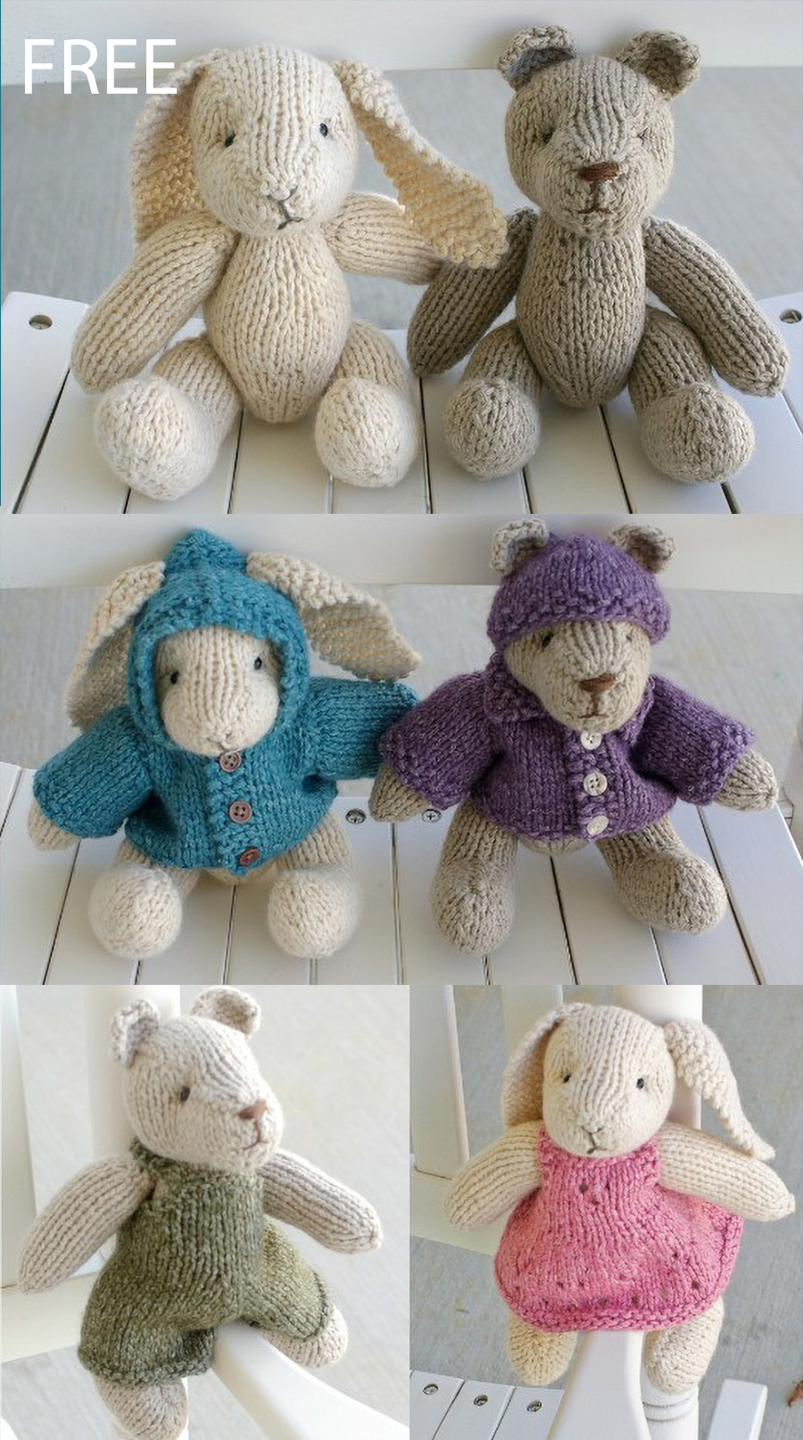 Rabbit and Bear With Outfits Free Knitting Pattern