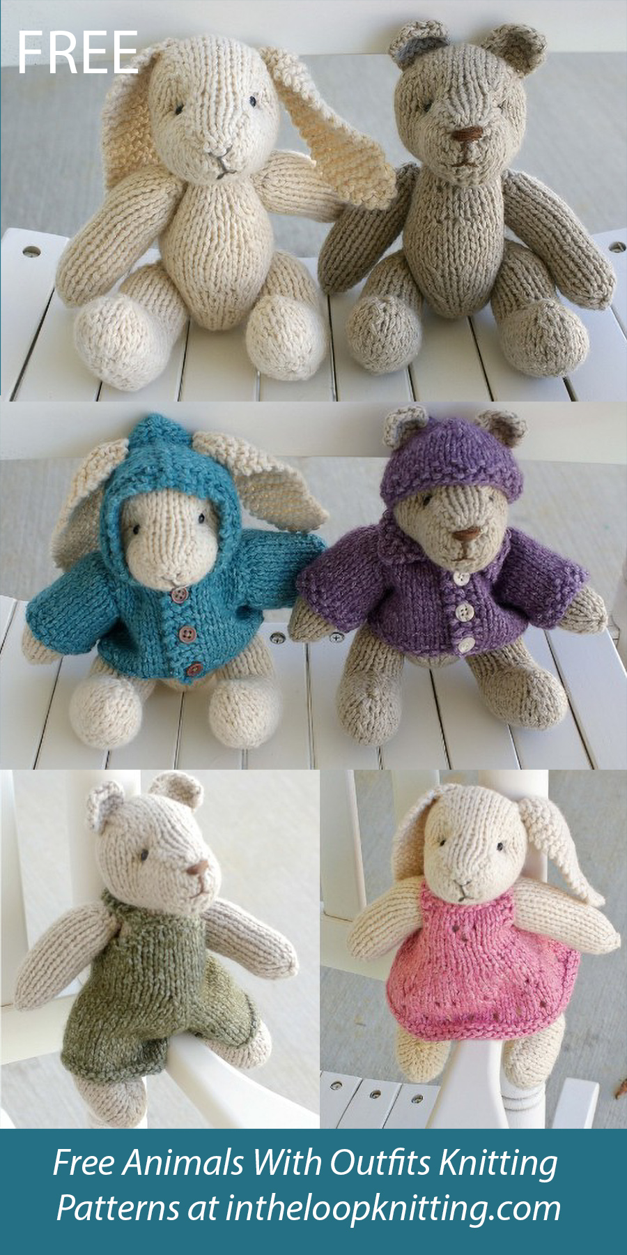 Rabbit and Bear With Outfits Free Knitting Pattern