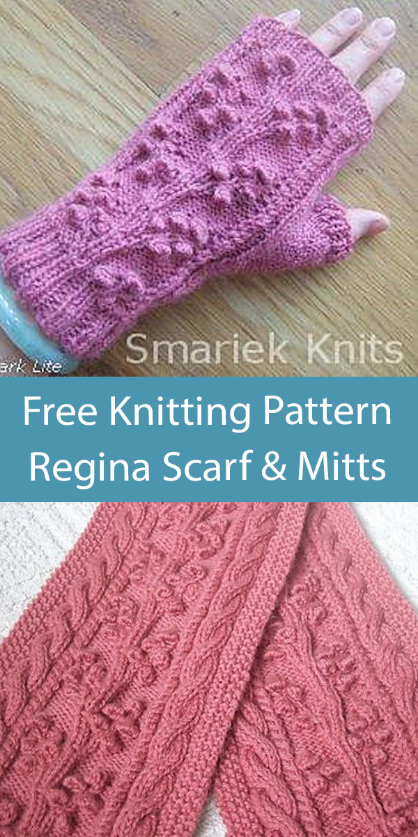 Free Knitting Pattern Regina Cable & Bobble Scarf and Mitts