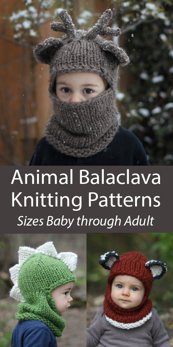 Animal Balaclavas Knitting Patterns Reindeer, Dino, Fox