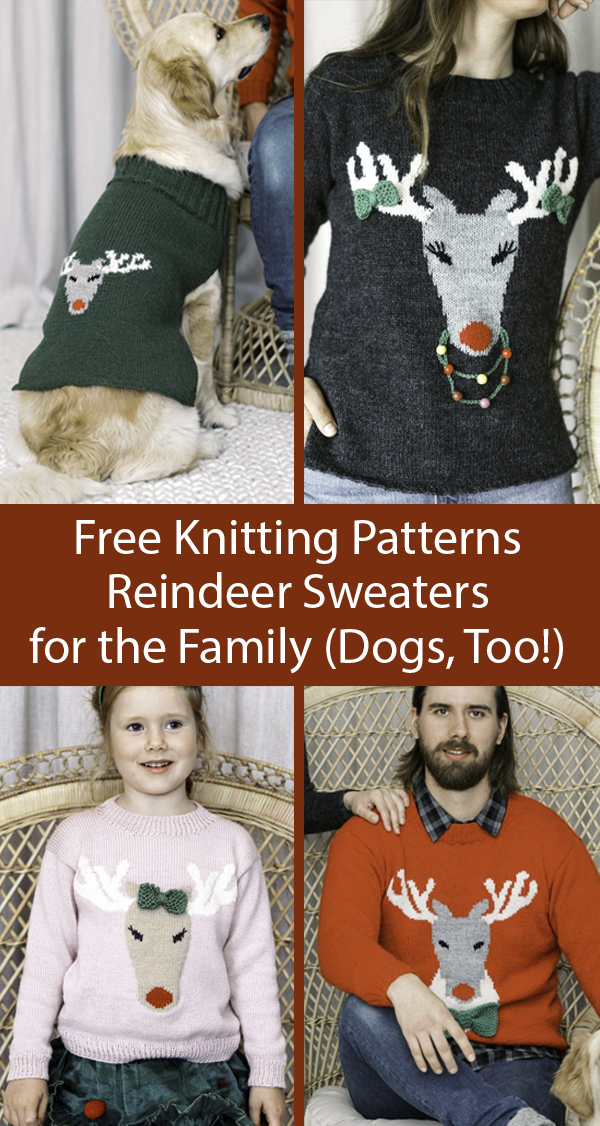 Free Knitting Pattern for Reindeer Sweaters for Child, Dog, Women, and Men