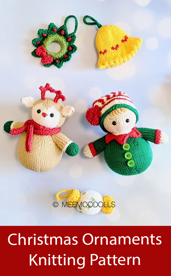 Christmas Tree Ornament Knitting Patterns Rudolph, Elf, candy, wreath & bell