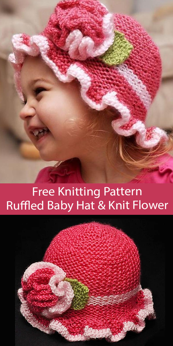 Free Baby Hat Knitting Pattern Ruffled Sun hat with Knitted Flower