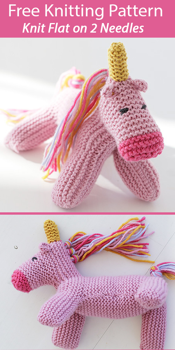 Free Knitting Pattern for Rainbow the Unicorn Toy Knit Flat in Garter Stitch