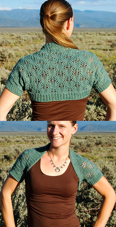 Free knitting pattern for Sagebrush Shrug knit with one skein