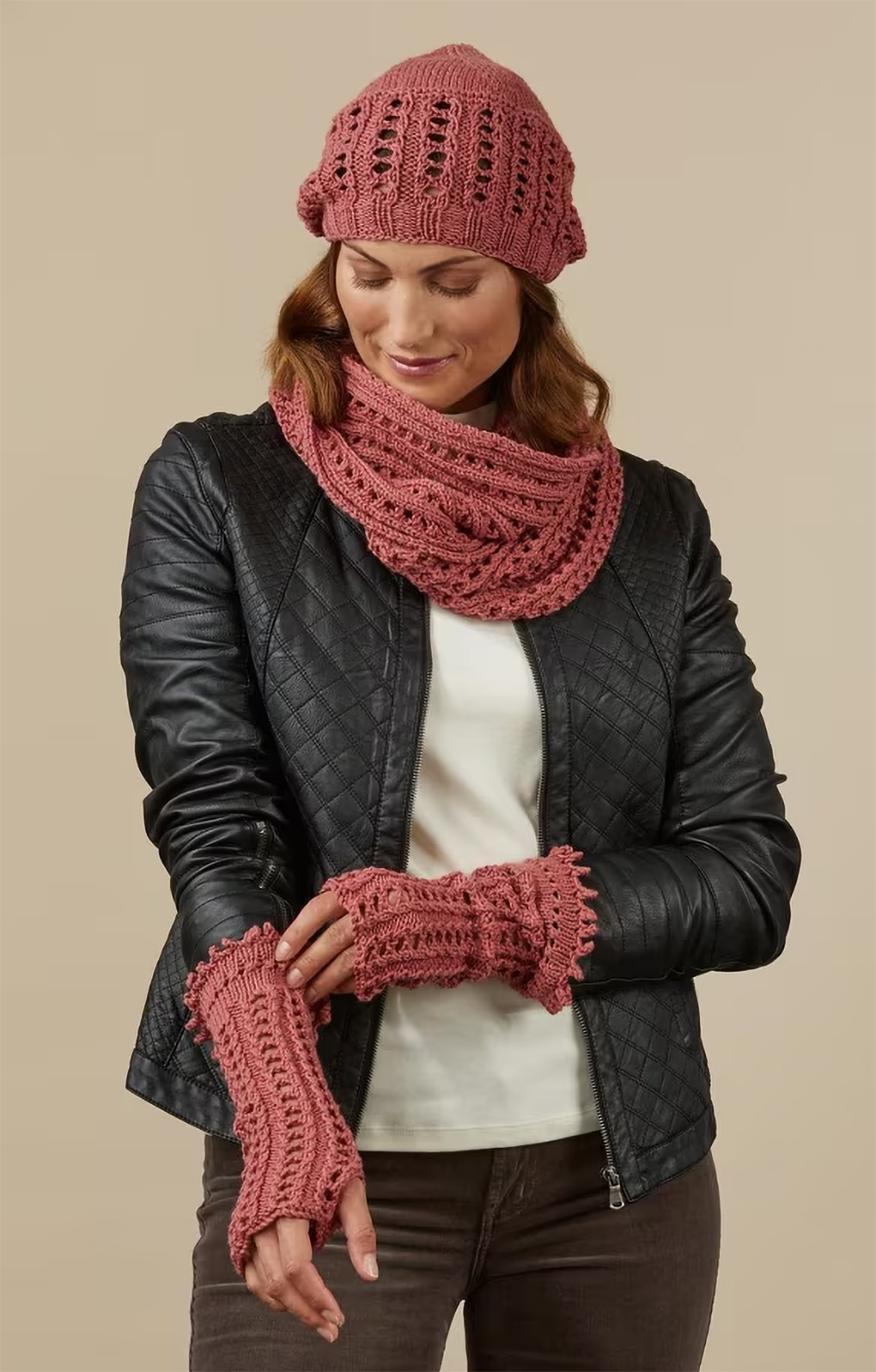 Sand Rose Trio Hat, Mittens and Cowl Set Knitting Patterns