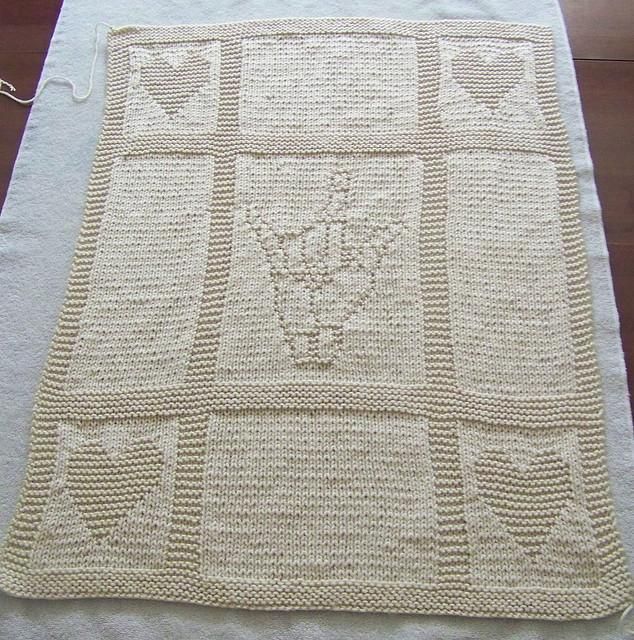 Free knitting pattern for baby blanket with I Love You in sign language and hearts Savannah's Blankie