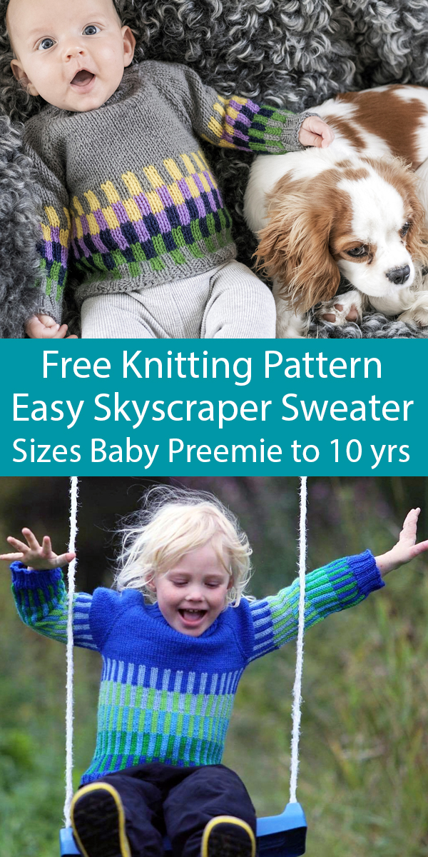 Free Knitting Pattern for Easy One Piece Skyscraper Sweater Sizes Baby Preemie to 10 Years