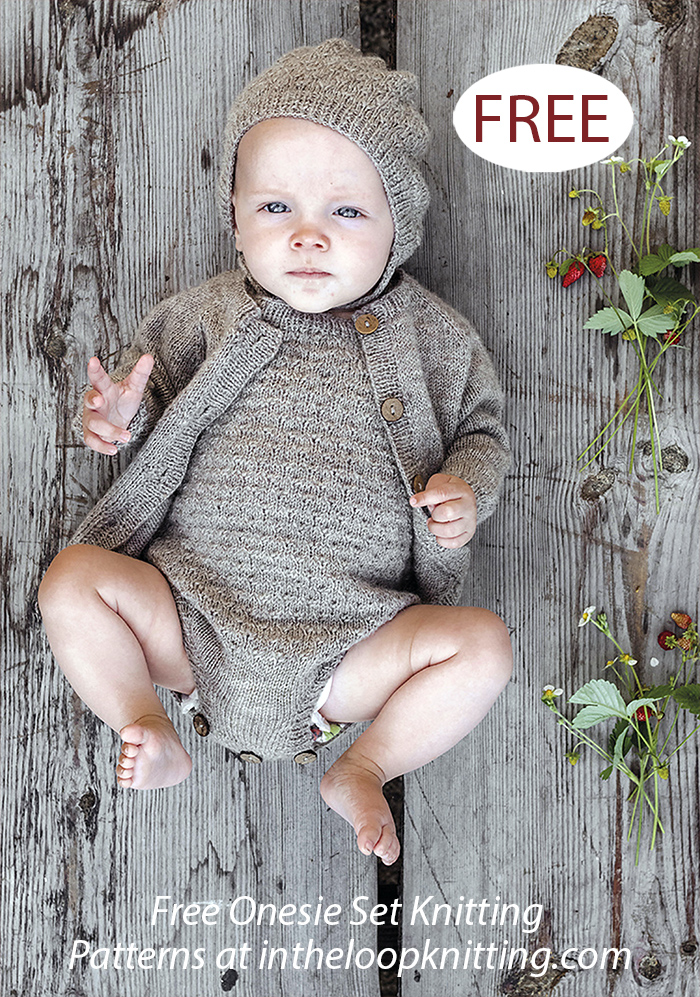 Free Baby Wild Strawberry Flower Romper, Hat, and Cardigan Knitting Pattern