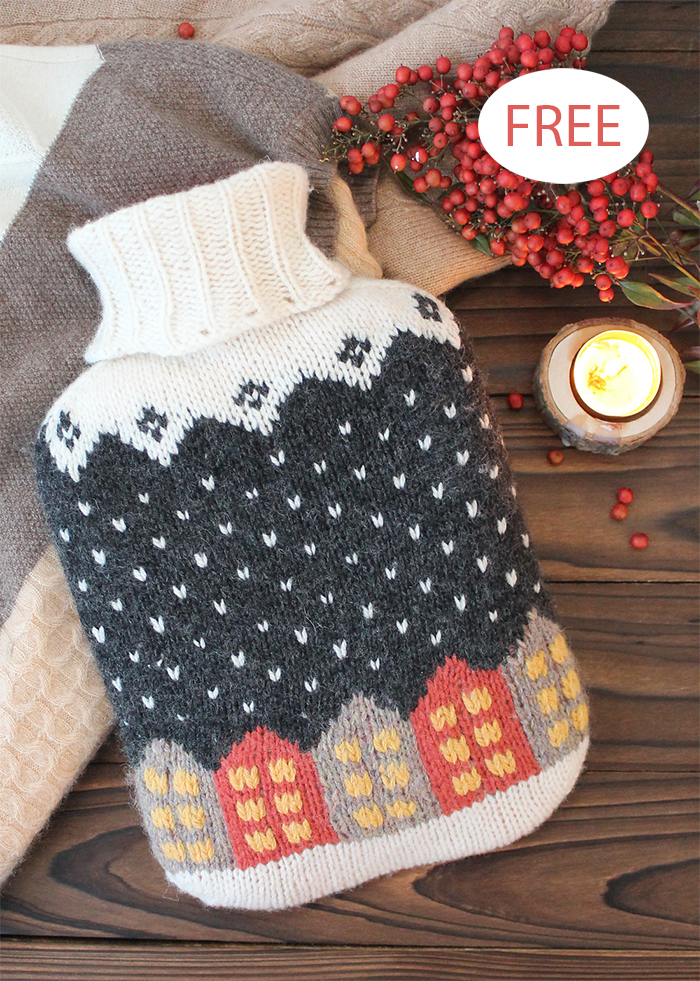 Free Snowfall Town Hot Water Bottle Cover Knitting Pattern