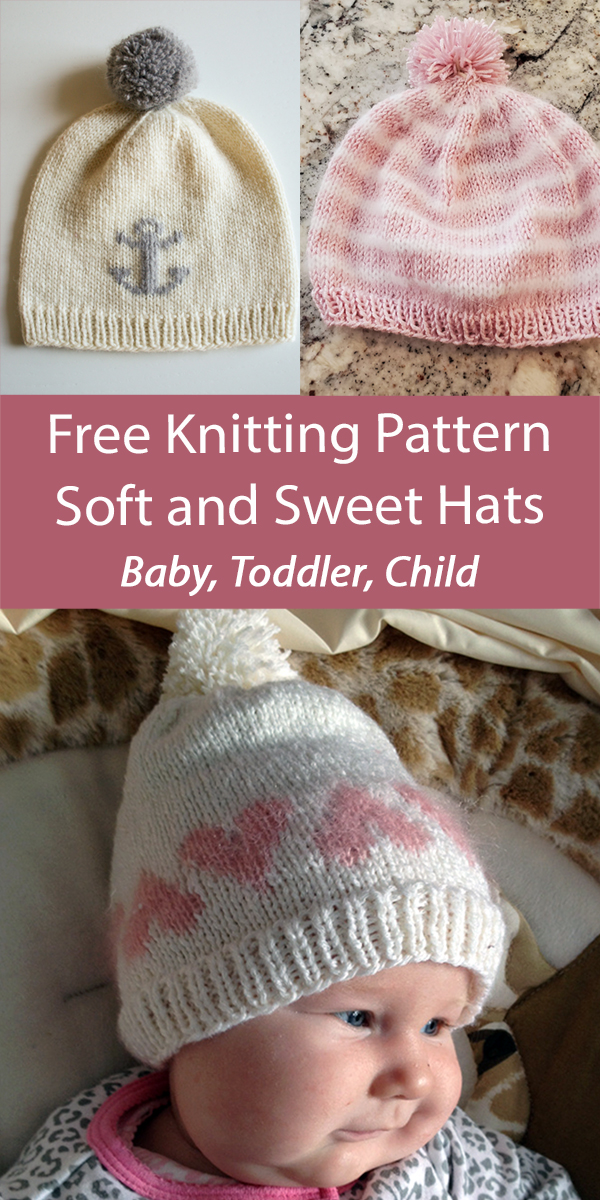 Free Baby Hat Knitting Pattern Soft and Sweet Hats Anchor, Hearts, Stripes