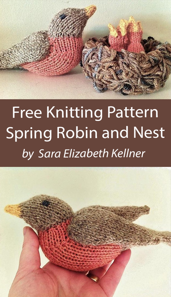 Free knitting pattern for Spring Robin, Baby Robin, and Nest and more bird knitting patterns