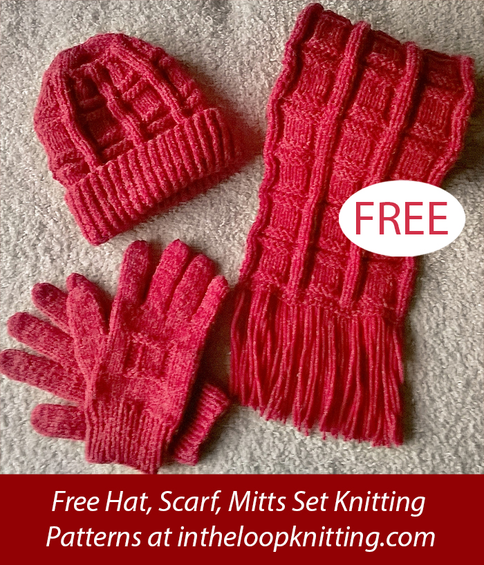 Free Squares in Squares Hat, Scarf, Gloves Set Knitting Pattern