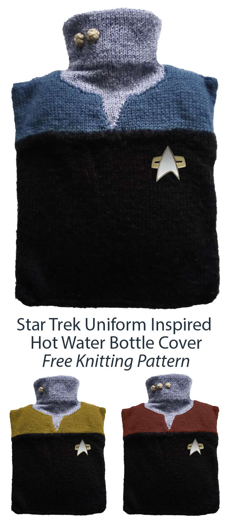 Free Knitting Pattern for Star Trek Uniform Inspired Hot Water Bottle Cover