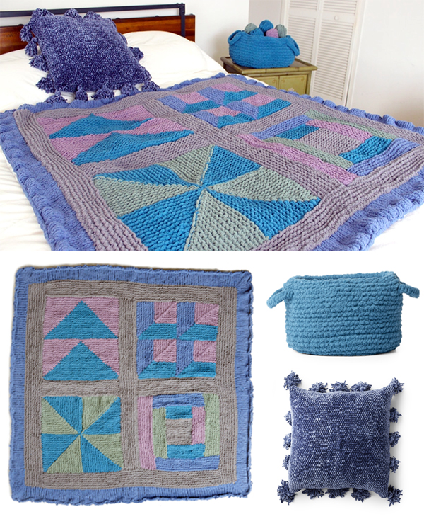Free Knitting Pattern for Stitch Along Quilt Blanket, Pillows, and Basket