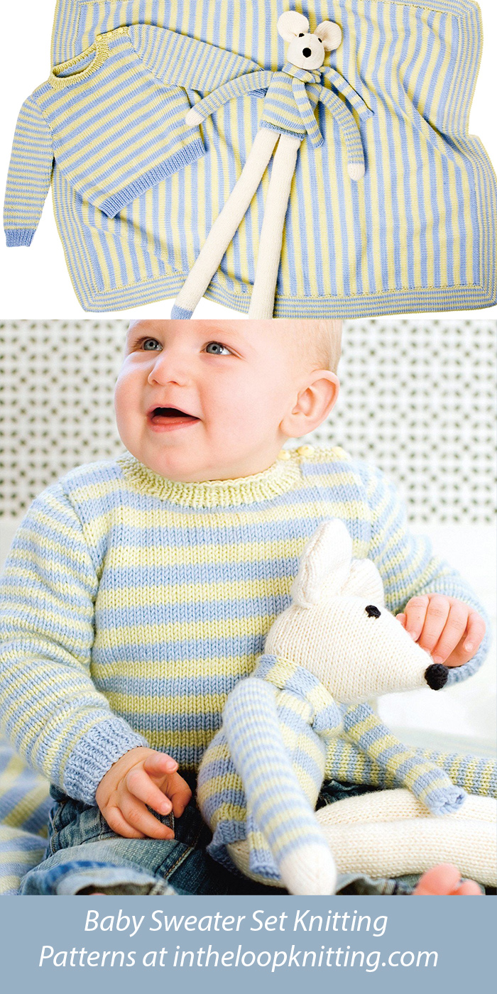 Free for a limited time Striped Baby Blanket, Jumper And Toy Set Knitting Pattern
