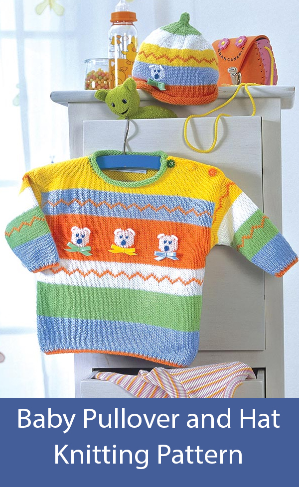 Striped Baby Pullover and Hat With Bears Knitting Pattern
