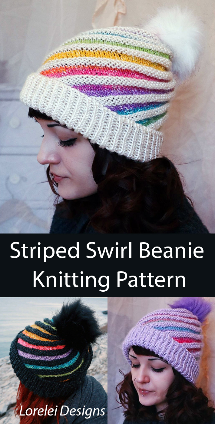 Free Hat Knitting Pattern Striped Swirl Beanie