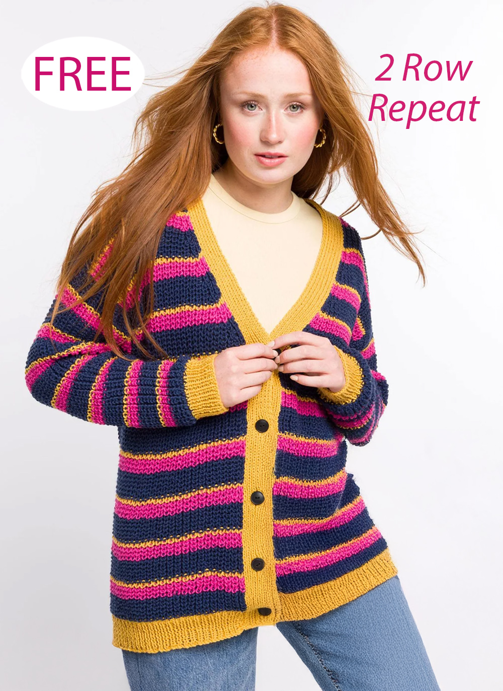 Free Knitting Pattern for 2 Row Repeat Stripy V-Neck Cardigan