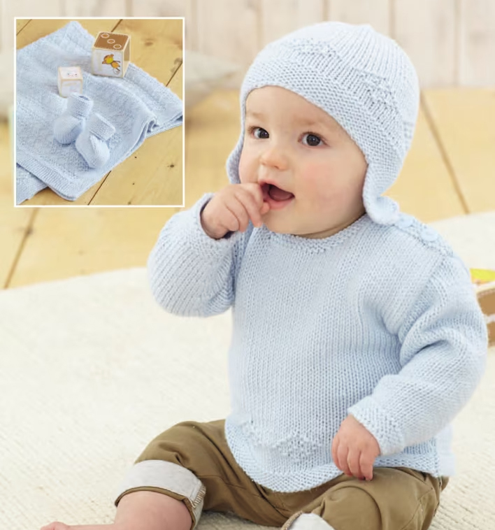 Baby Set Knitting Pattern Sweater, Blanket, Earflap Hat, Bootees Sirdar 4848