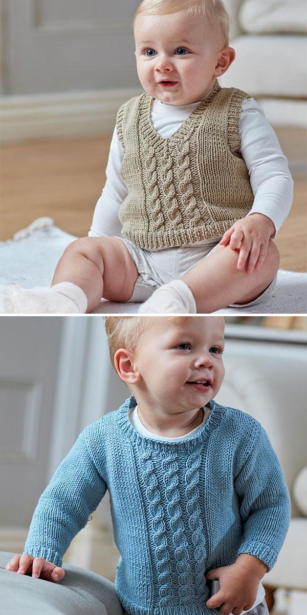 Knitting Pattern for Cabled Baby Vest and Sweater