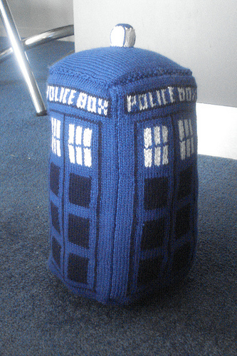 Free knitting pattern for TARDIS plush toy about a foot tall